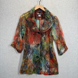 Damee Inc Womens Small Abstract Art Mesh Jacket Portrait Collar Multicolor Sheer